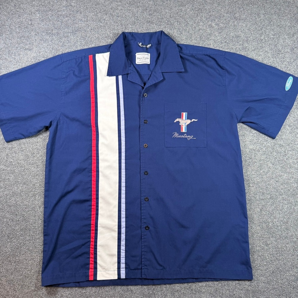 David Carey Ford Mustang Pit Shirt Mens XL Blue Racing Stripe Embroidered